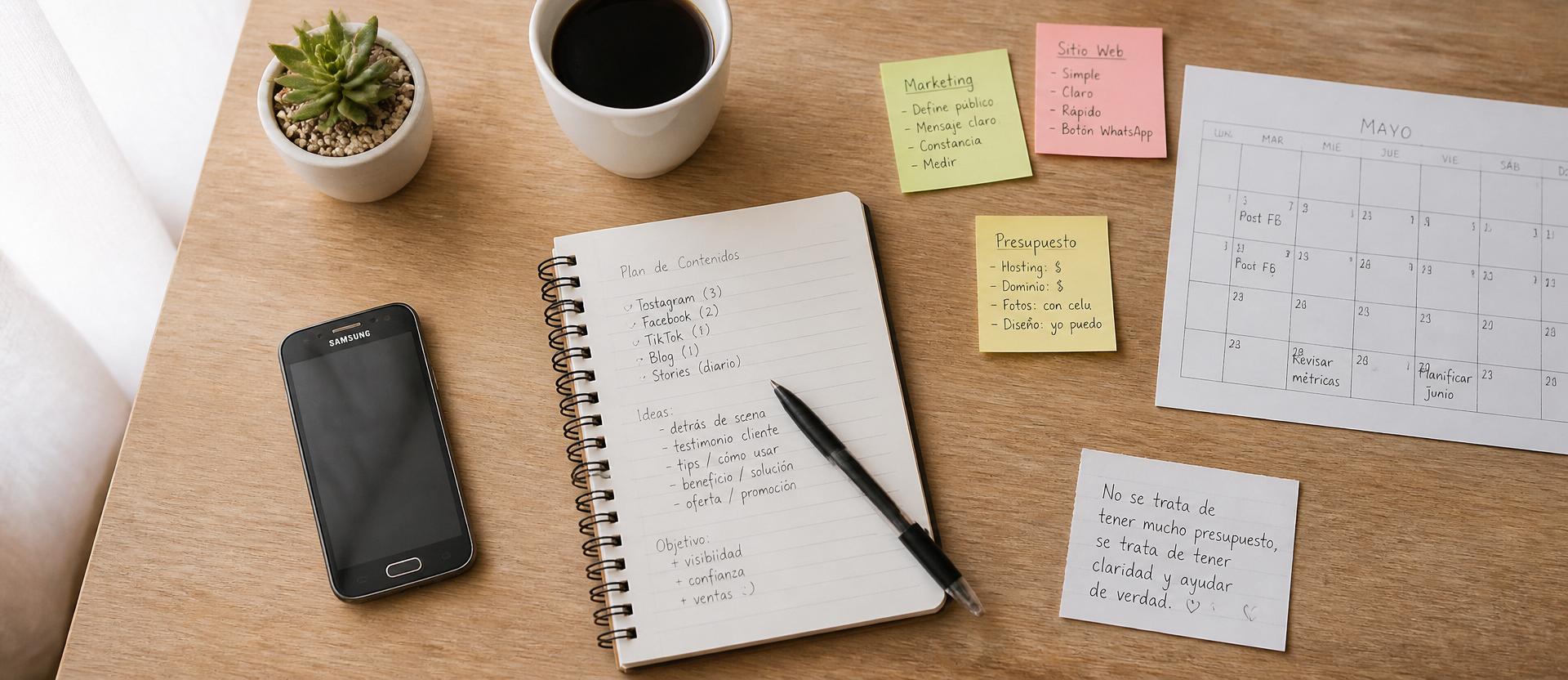 Escritorio de un emprendedor planificando marketing, redes y presupuesto